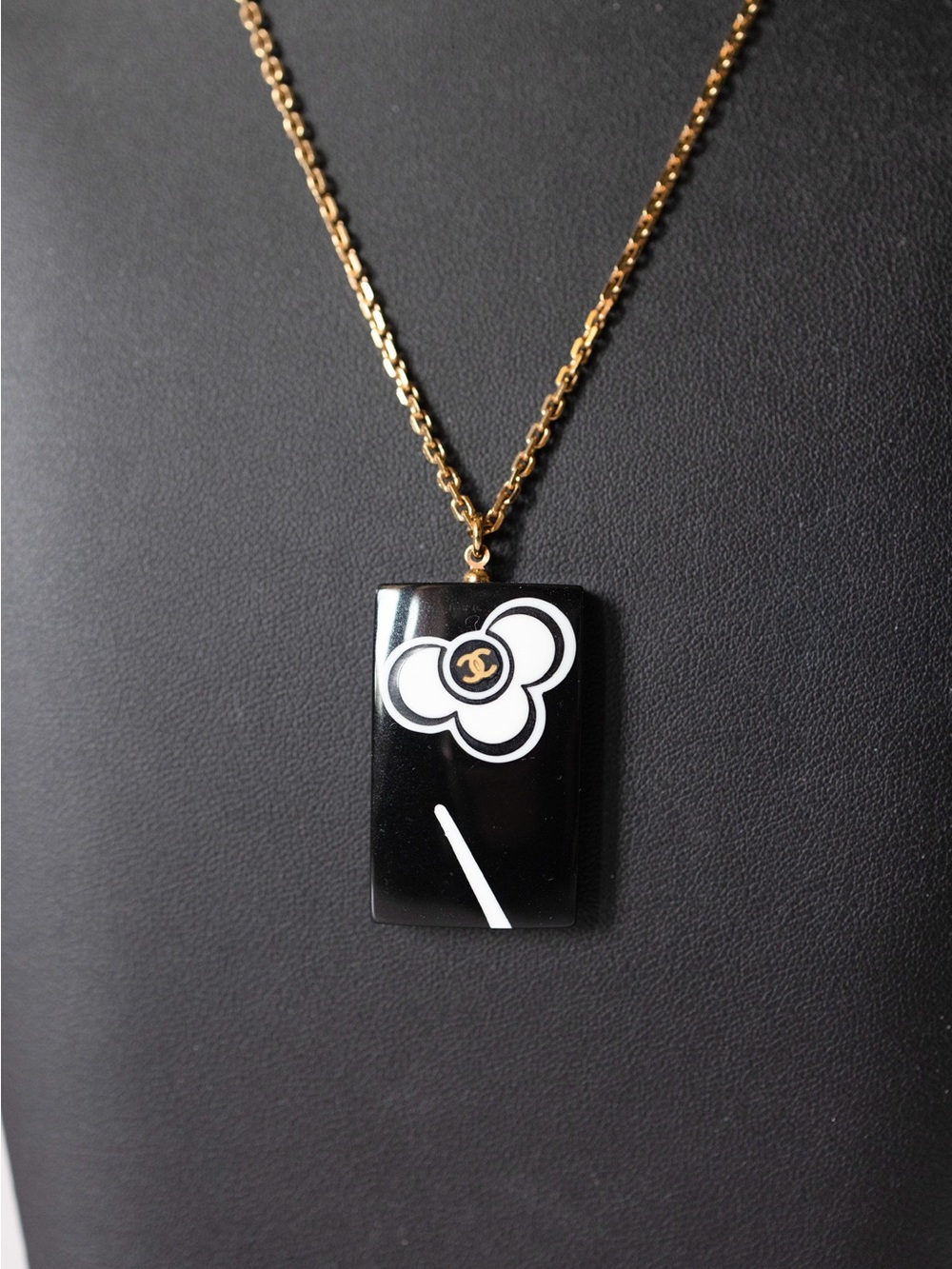 CHANEL Black Camellia Pendant Necklace with Gold Chain